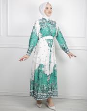 benetton 3042 aişe moda saten etnik desen elbise 3
