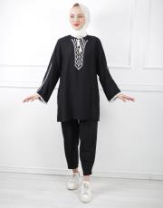 siyah 0001 kadriye baştürk nakışlı rahat keten gömlek 