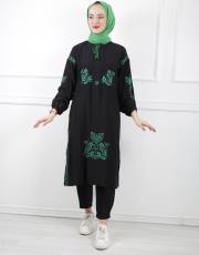 siyah 0021 kadriye baştürk nakış detaylı yırtmaçlı keten tunik