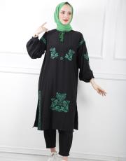 siyah 0021 kadriye baştürk nakış detaylı yırtmaçlı keten tunik 4