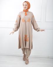 vizon 0021 kadriye baştürk nakış detaylı yırtmaçlı keten tunik