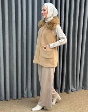 bej sz 5622 sentez doha nervürlü pantolon 5