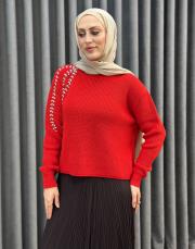 kırmızı 25k 4873 missemramiss taş işlemeli triko kazak