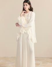 ekru 8218 ahel yaka kol volanlı şifon takım