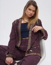 bordo 34839 boncuk pul işlemeli tencel kimono