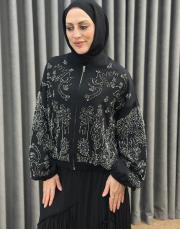 siyah 38191 orfenegro işlemeli midi bomber ceket