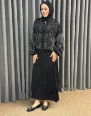 siyah 38191 orfenegro işlemeli midi bomber ceket 2