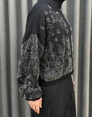 siyah 38191 orfenegro işlemeli midi bomber ceket 5