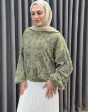 yeşil 38191 orfenegro işlemeli midi bomber ceket