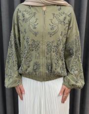 yeşil 38191 orfenegro işlemeli midi bomber ceket 3