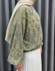 yeşil 38191 orfenegro işlemeli midi bomber ceket 4