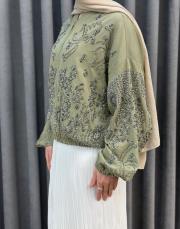 yeşil 38191 orfenegro işlemeli midi bomber ceket 5