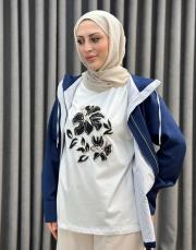 ekru siyah 26km 5335 missemramiss floral nakışlı tşört