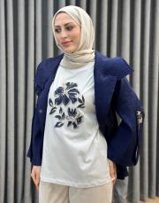 ekru lacivert 26km 5335 missemramiss floral nakışlı tşört