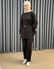 kahve 5540 missemramiss kemerli basic sweat shirt pantolon takım