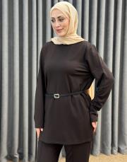 kahve 5540 missemramiss kemerli basic sweat shirt pantolon takım 2
