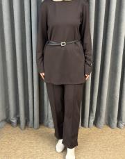 kahve 5540 missemramiss kemerli basic sweat shirt pantolon takım 4