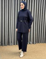lacivert 5540 missemramiss kemerli basic sweat shirt pantolon takım