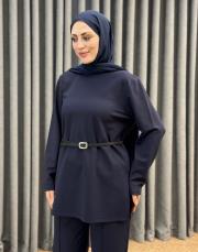 lacivert 5540 missemramiss kemerli basic sweat shirt pantolon takım 2