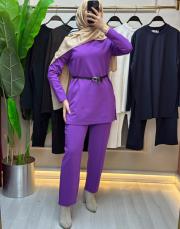 mor 5540 missemramiss kemerli basic sweat shirt pantolon takım