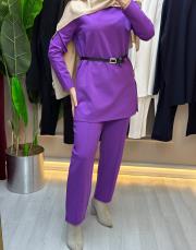mor 5540 missemramiss kemerli basic sweat shirt pantolon takım 2